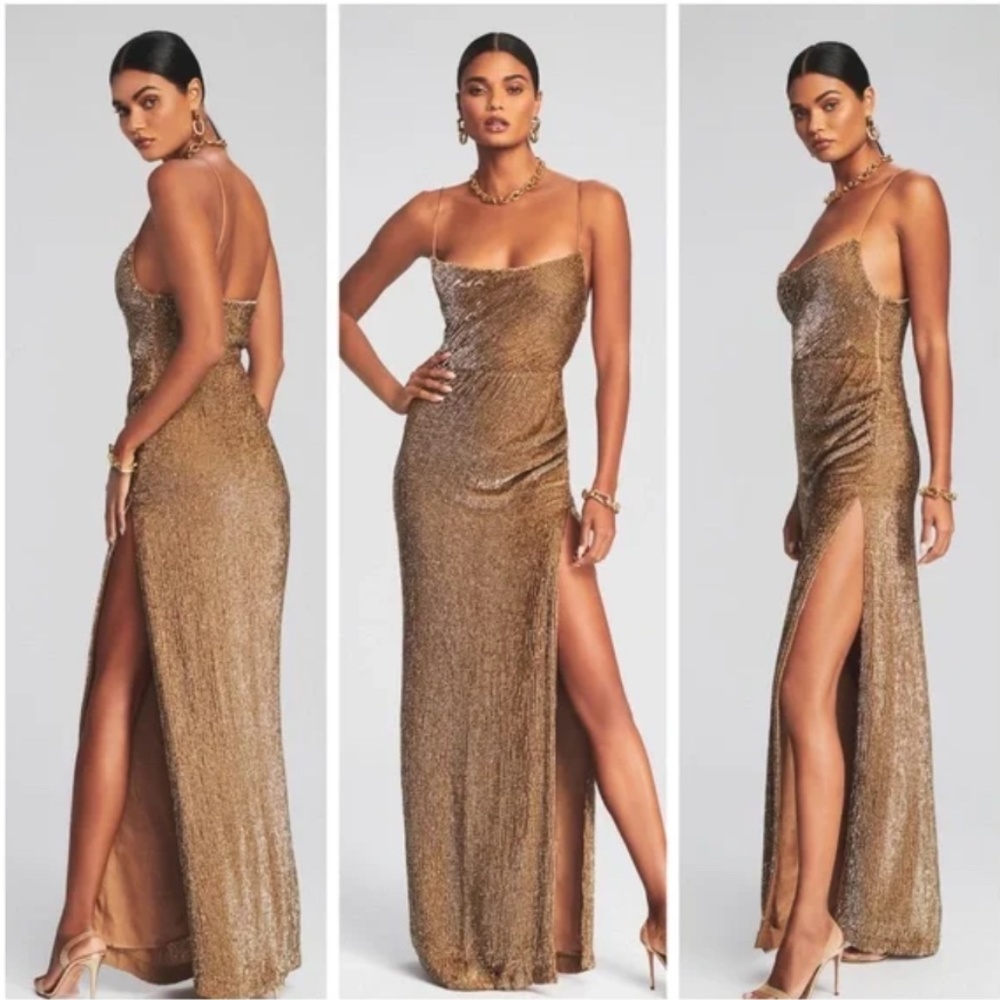 RETROFETE Katya Bronze Gold Sequin Maxi Dress Gown Drape Size Small- like new